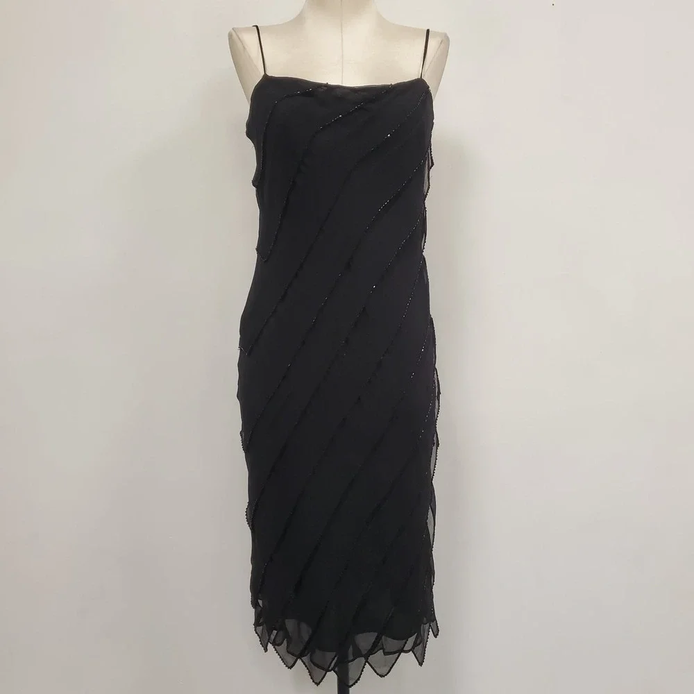 Lapis Y2K Beaded Silk Dress Size L Square Neck Strappy Black 90s Sexy LBD Midi